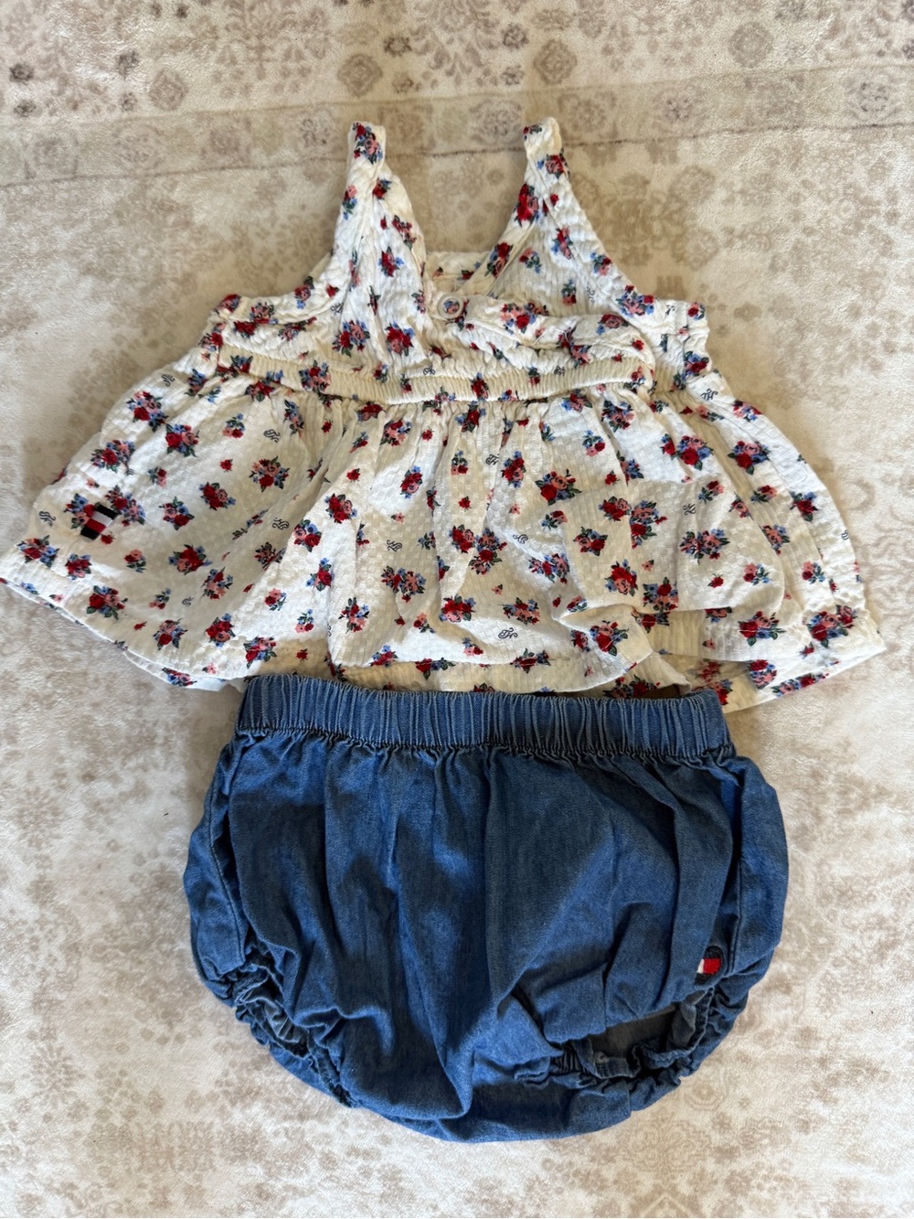 Tommy Hilfiger Baby Girls Floral Top and Denim Bloomers Set White Blue Red